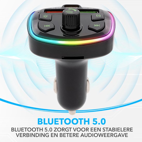 FM Transmitter Auto – Bluetooth 5.0 Carkit – Snellader USB-C & USB – SD Kaart – RGB Licht – Handsfree Bellen – Zwart-Ilumina Benelux