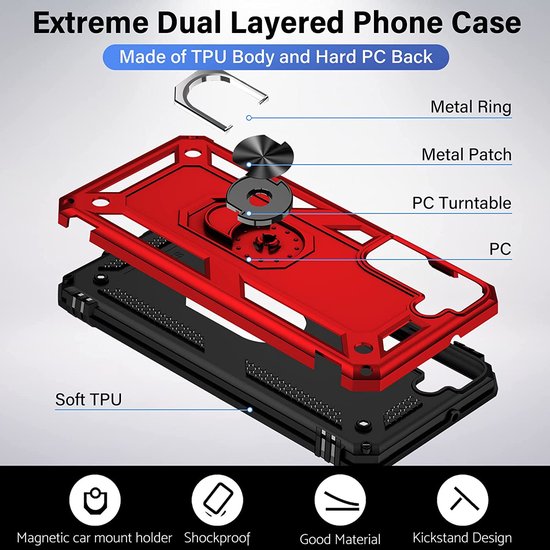 Samsung Galaxy S22 Hoesjes – Anti-Shock Hybride Ring Armor Backcover – Schokbestendig – Rood-Ilumina Benelux