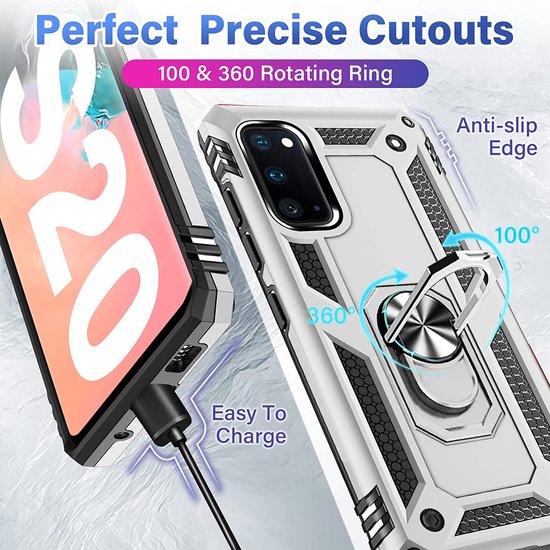 Samsung Galaxy S20 FE Hoesjes – Anti-Shock Hybride Ring Armor Backcover – Schokbestendig – Zilver-Ilumina Benelux