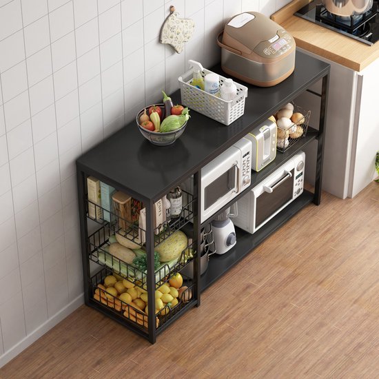 Keukeneiland – Staand keukenrek 3 planken & werkblad – Magnetronkast – Organizer voor groente, fruit & apparaten – Zwart-Keukenmeubelset-Ilumina Benelux