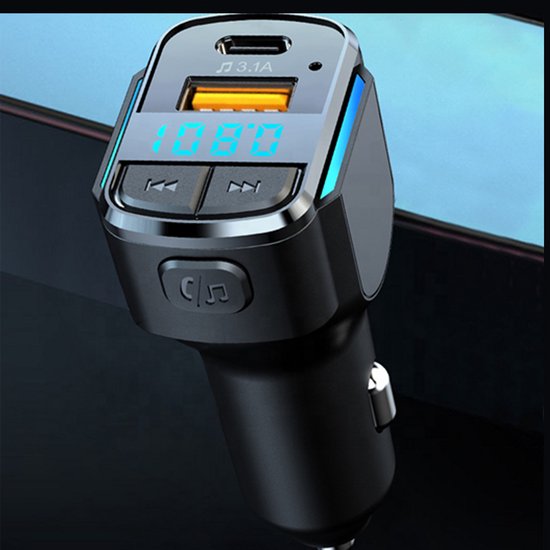 FM Transmitter auto – Bluetooth 5.0 Car Kit – Handsfree bellen – Type-C & USB-A snellader 3.1A – Zwart-Ilumina Benelux