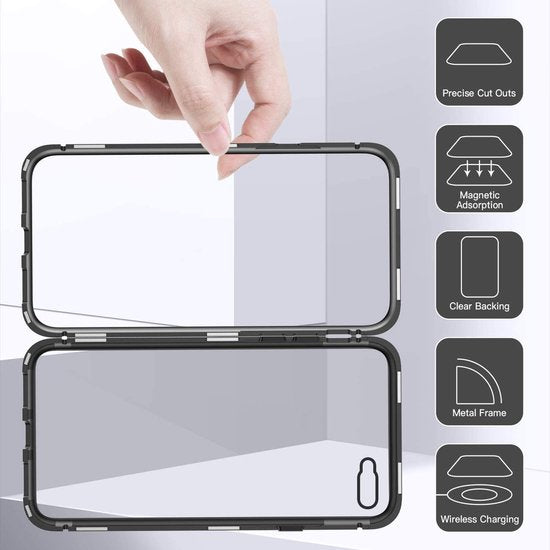 iPhone 7/8 Hoesjes – Magnetische Backcover – Metalen Frame – Incl. 2x Gehard Glas Screenprotector – Zwart-Ilumina Benelux