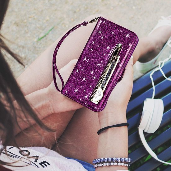 Sparkly Glitter Wallet Hoesje met Rits & Koord Geschikt voor: Samsung Galaxy S10E - Paars