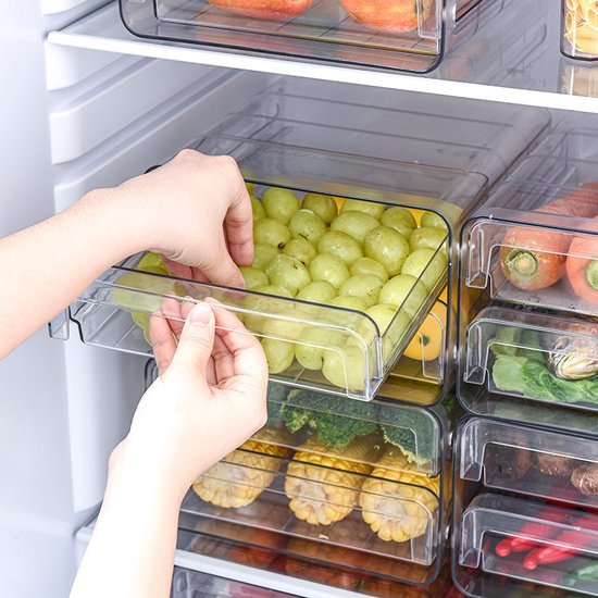 Koelkast organizer – Stapelbare PET opbergbox lade – Voor groente, fruit & vlees – 24×21,5×14 cm – Transparant-Keukenkastorganizer-Ilumina Benelux