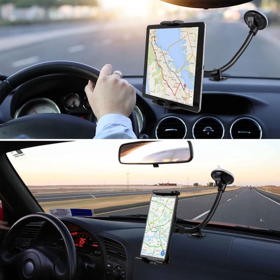 Telefoonhouder auto – 360° draaibaar – Lange arm zuignap voorruit/raam – Universeel 4-10.5 inch – Zwart-Tablethouder-Ilumina Benelux