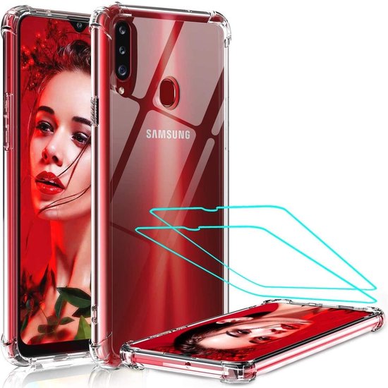 Samsung Galaxy A20S Hoesjes – Anti-Shock Siliconen Backcover – Schokbestendig – 2x Screenprotector Gehard Glas – Transparant