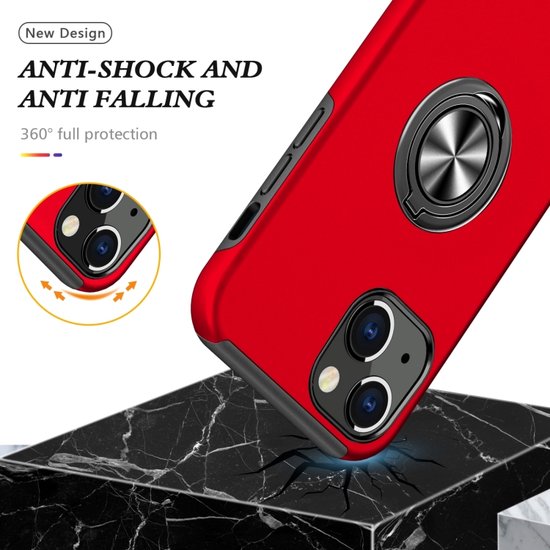 iPhone 13 Hoesjes – Backcover met Vingerring & Magneet – Anti-drop – Rood-Ilumina Benelux