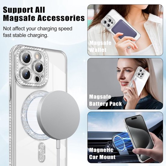 iPhone 16 Pro Hoesjes – Glitter Backcover – Schokbestendig – MagSafe Magnetisch – Zilver-Ilumina Benelux