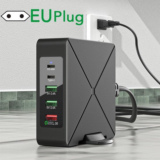 Oplader – 75W 5-poorts USB-C PD 45W & QC3.0 – Snelladen – Geschikt voor iPhone/iPad/Android-Oplader-Ilumina Benelux