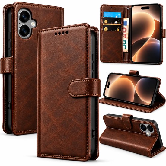 Bookcase Hoesje Geschikt voor iphone 17 - Luxe PU Kalfsleer Telefoonhoes- Portemonnee Hoesje met Kaartvakken, Contant Geldvak, Magneetsluiting & Standaardfunctie - Bruin