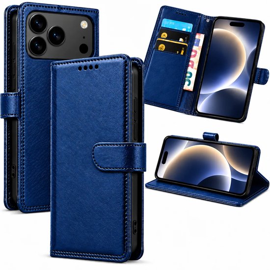 Bookcase Hoesje Geschikt voor iphone 17 Pro - Luxe PU Kalfsleer Telefoonhoes- Portemonnee Hoesje met Kaartvakken, Contant Geldvak, Magneetsluiting & Standaardfunctie - Blauw