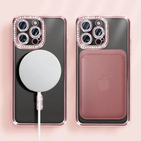 iPhone 13 Hoesjes – MagSafe Glitter Backcover – Diamantjes – Glamour – Roségoud-Ilumina Benelux