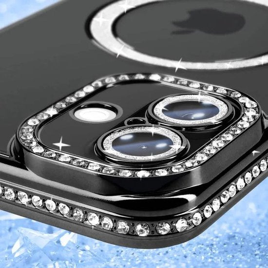 iPhone 16 Plus Hoesjes – MagSafe Glitter Backcover – Diamantjes – Glamour Design – Zwart-Ilumina Benelux