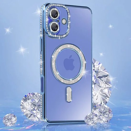 iPhone 16 Hoesjes – MagSafe Glitter Backcover – Diamantjes – Glamour Design – Blauw-Ilumina Benelux