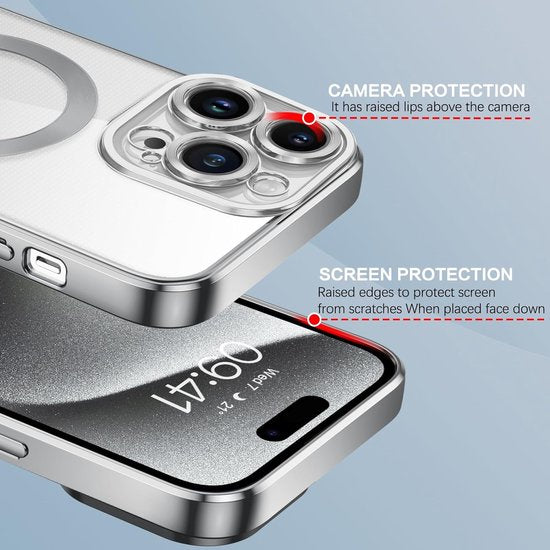 iPhone 15 Hoesjes – Magnetische Clear Siliconen Backcover – Camera Lens Protector – MagSafe – Zilver-Ilumina Benelux
