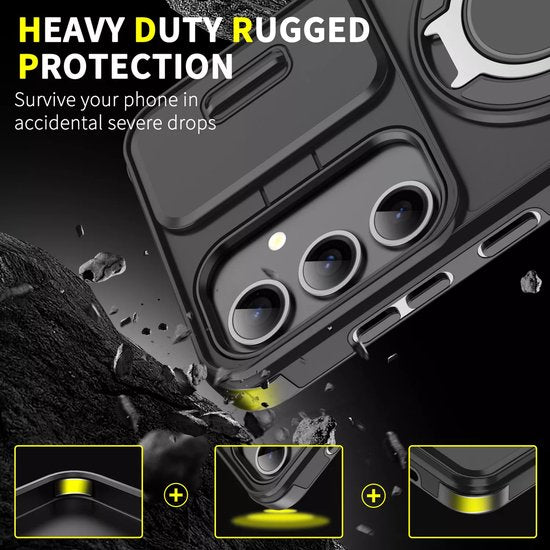 Samsung Galaxy A15 Hoesjes – Armor Tough Hybrid Backcover – MagSafe Ringstandaard – Schokbestendig – Zwart-Ilumina Benelux