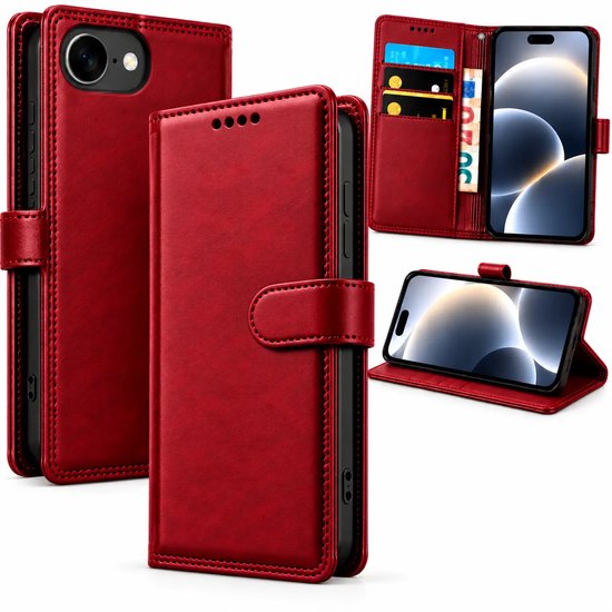 Bookcase Hoesje Geschikt voor iphone 17E / 16E- Luxe PU Kalfsleer Telefoonhoes- Portemonnee Hoesje met Kaartvakken, Contant Geldvak, Magneetsluiting & Standaardfunctie - Rood
