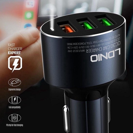 Autolader – Geschikt voor iPhone 16/15 & Samsung Galaxy – 30W Snellader – 3 Poorten – USB-C Kabel-Oplader-Ilumina Benelux