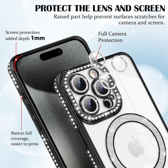 iPhone 16 Plus Hoesjes – MagSafe Magnetisch – Glitter Sparkle Backcover – Schokbestendig – Zwart-Ilumina Benelux