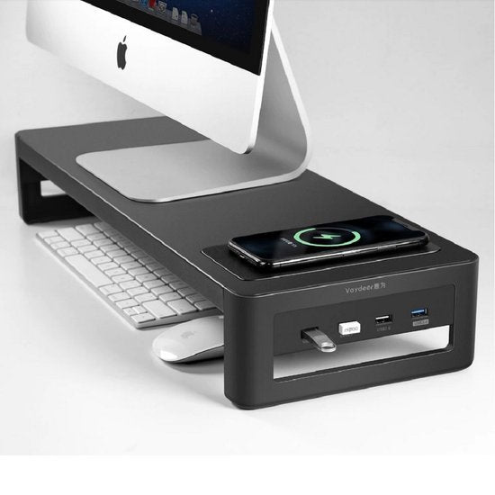 Monitorstandaard – Beeldscherm Verhoger Bureau – Draadloze Oplader – USB 3.0 HUB – Zilver-Monitorstandaard-Ilumina Benelux