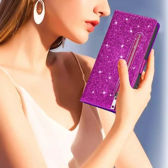 Sparkly Glitter Wallet Hoesje met Rits & Koord Geschikt voor: Samsung Galaxy Note 10 Lite & Galaxy A81 - Paars