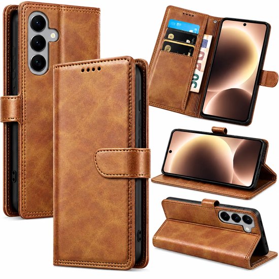Bookcase Hoesje Geschikt voor Samsung Galaxy A17 - Luxe PU Kalfsleer Telefoonhoes- Portemonnee Hoesje met Kaartvakken, Contant Geldvak, Magneetsluiting & Standaardfunctie - Khaki