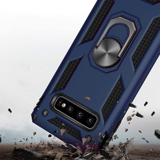 Samsung Galaxy S10 Hoesjes – Ring Armor Backcover – 360° Draaibare Standaard – Magneet – Blauw-Ilumina Benelux