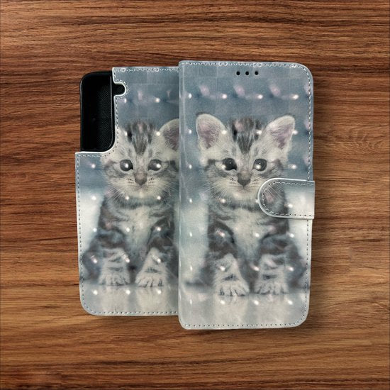 Samsung Galaxy S22 Hoesjes – Portemonnee Book Case – Pasjeshouder – Magneetsluiting – Kat Print-Ilumina Benelux