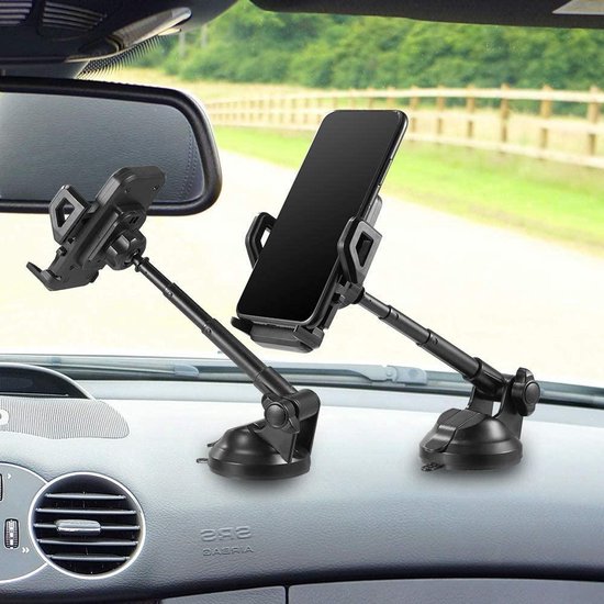 Telefoonhouder auto – Dashboard/Voorruit – 360° draaibaar – Telescopische arm – One Touch Release – Zwart-Ilumina Benelux