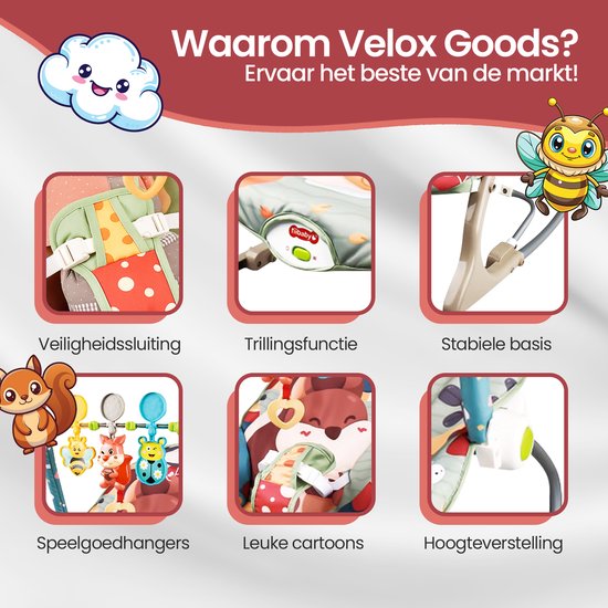 Wipstoel baby – Velox Goods VL-514 – Trillingen & muziek – Verstelbare rugleuning en speelboog – Inklapbaar – Grijs/Beige-Wipstoel-Ilumina Benelux