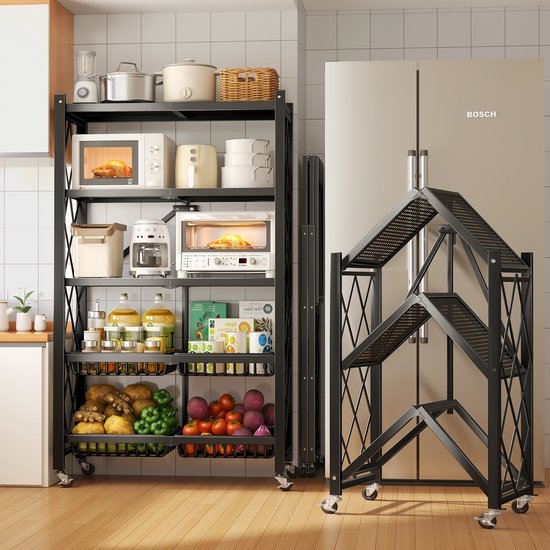 Opbergrek 4-laags – Inklapbare planken – Met wielen – Stevig staand rek voor keuken/badkamer/woonkamer – Zwart-Opbergrek-Ilumina Benelux