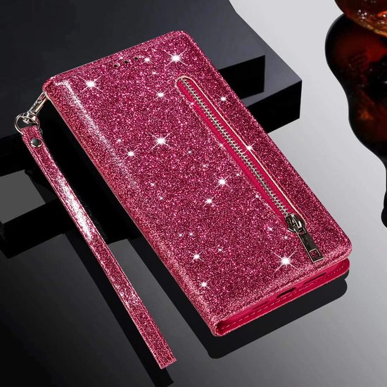 Glitter Wallet Case Geschikt voor: Samsung Galaxy A55 Hoesje met Rits, Koord en Pasjeshouder - Roze