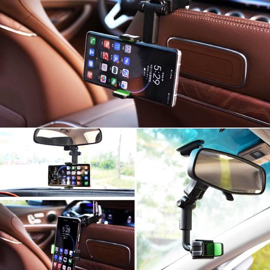 Telefoonhouder auto – 360° draaibaar – Verstelbaar – Achterbank & Achteruitkijkspiegel montage – Zwart-Ilumina Benelux