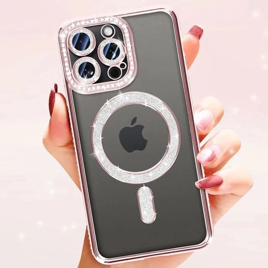 iPhone 13 Pro Max Hoesjes – MagSafe Glitter Backcover – Diamantjes – Glamour – Roségoud-Ilumina Benelux