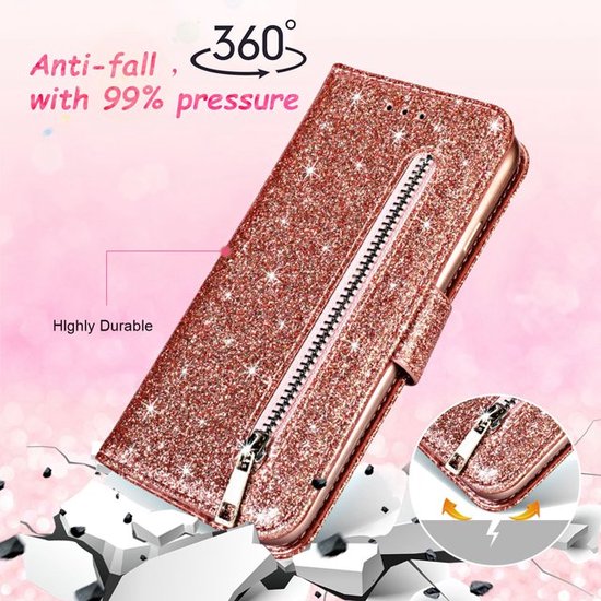 Sparkly Glitter Wallet Hoesje met Rits & Koord Geschikt voor: Samsung Galaxy A11 - Roségoud
