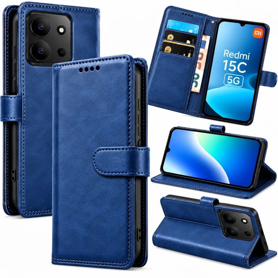 Bookcase Hoesje Geschikt voor Xiaomi Redmi 15C - Luxe PU Kalfsleer Telefoonhoes- Portemonnee Hoesje met Kaartvakken, Contant Geldvak, Magneetsluiting & Standaardfunctie - Blauw