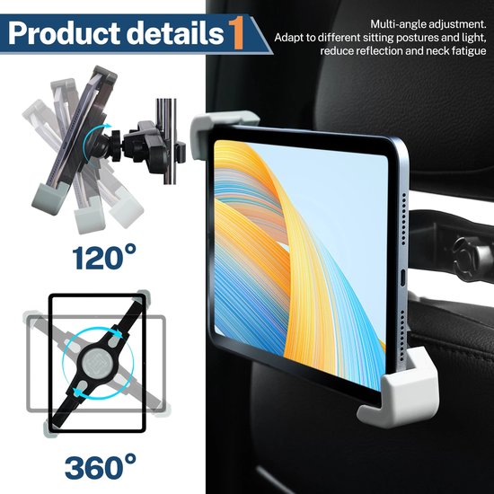 Tablethouder auto hoofdsteun – Verstelbare arm – 360° draaibaar – Geschikt voor iPad & Samsung Galaxy Tab – Zwart-Tablethouder-Ilumina Benelux