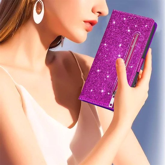 iPhone 13 Mini Hoesjes – Glitter Portemonnee Hoes – Rits & Koord – Pasjeshouder – Paars-Ilumina Benelux