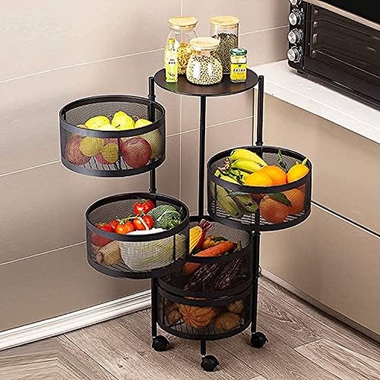 Keuken opbergrek – 5-laags draaibare fruit- en groentemand – Met wielen – Metalen opslagmand 180° – Zwart-Kast-Ilumina Benelux