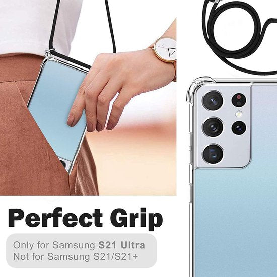 Samsung Galaxy S21 Ultra Hoesjes – Backcover met Koord – Schokbestendig – Schouder/Nek Draagriem – Zwart-Ilumina Benelux