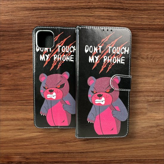 Samsung Galaxy A22 5G Hoesjes – Portemonnee Book Case – Pasjeshouder – Magneetsluiting – Don't Touch My Phone Print-Ilumina Benelux