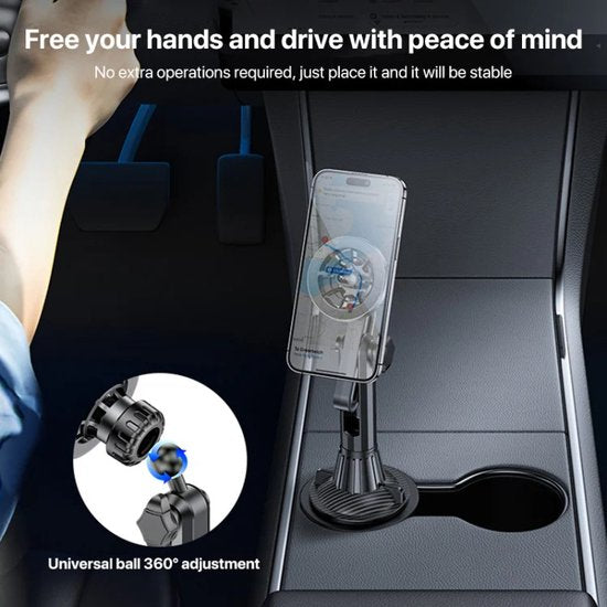 Telefoonhouder auto – Bekerhouder montage – Verstelbare lange arm met snelverlenging – Universeel MagSafe compatibel – Zwart-Ilumina Benelux
