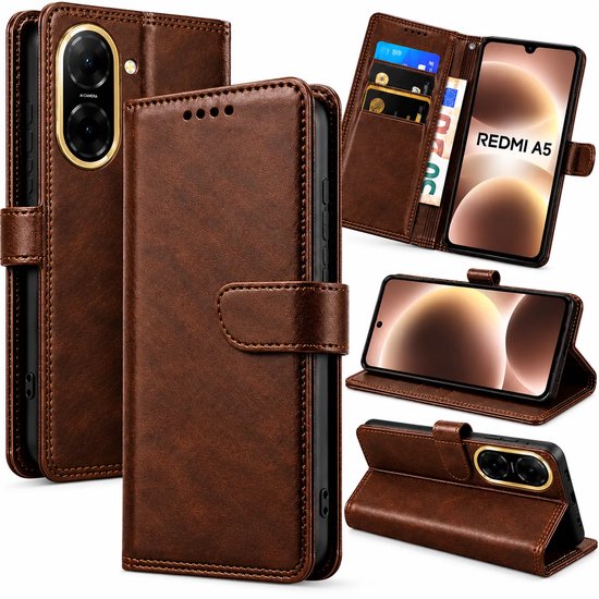 Bookcase Hoesje Geschikt voor Xiaomi Redmi A5 - Luxe PU Kalfsleer Telefoonhoes- Portemonnee Hoesje met Kaartvakken, Contant Geldvak, Magneetsluiting & Standaardfunctie - Bruin