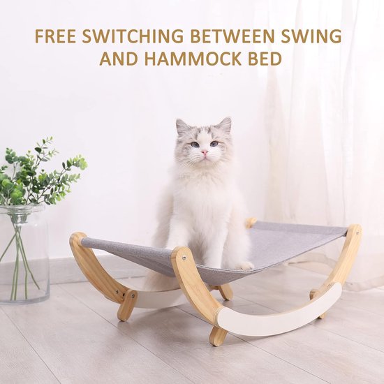 Kattenhangmat – Houten Frame – Afneembare Schommelstoel & Wieg – Verhoogd Slaapbed – Draagbaar & Ademend