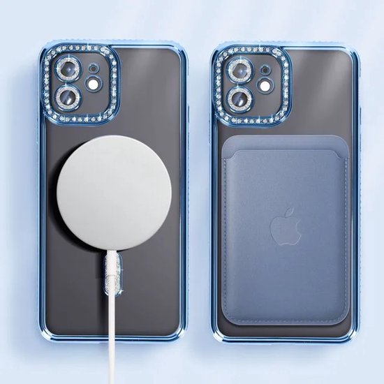 iPhone 12 Pro Max Hoesjes – MagSafe Glitter Backcover – Diamantjes – Glamour – Blauw-Ilumina Benelux