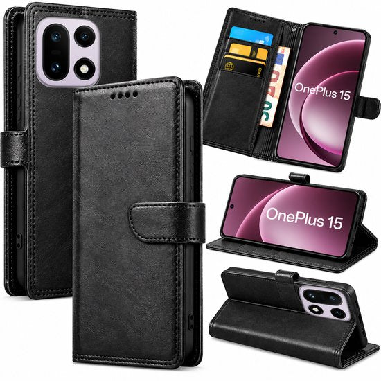 Bookcase Hoesje Geschikt voor OnePlus 15 - Luxe PU Kalfsleer Telefoonhoes- Portemonnee Hoesje met Kaartvakken, Contant Geldvak, Magneetsluiting & Standaardfunctie - Zwart