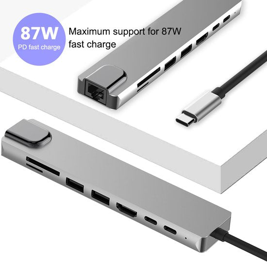 USB-C Hub – 8-in-1 Type-C Adapter met Ethernet – 4K HDMI – 2x USB 3.0 – 100W PD – SD Kaartlezer – Geschikt voor MacBook/Chromebook/HP/Asus/Lenovo-Ilumina Benelux