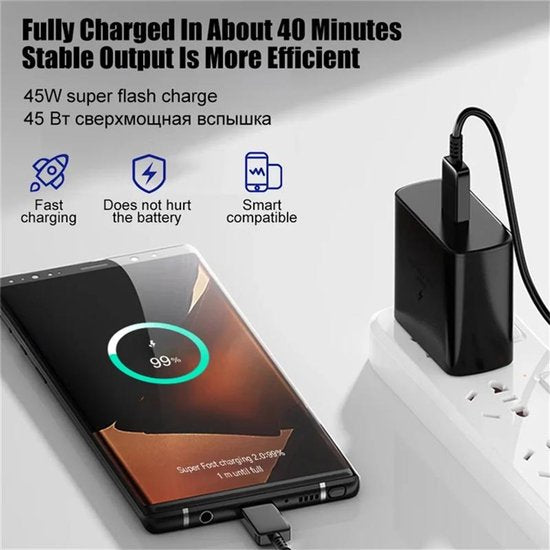 USB-C Oplader – Geschikt voor Samsung Galaxy S25/S24/S23 & iPhone 16/15 – 45W Snellader – USB-C naar USB-C kabel 3m-Oplader-Ilumina Benelux