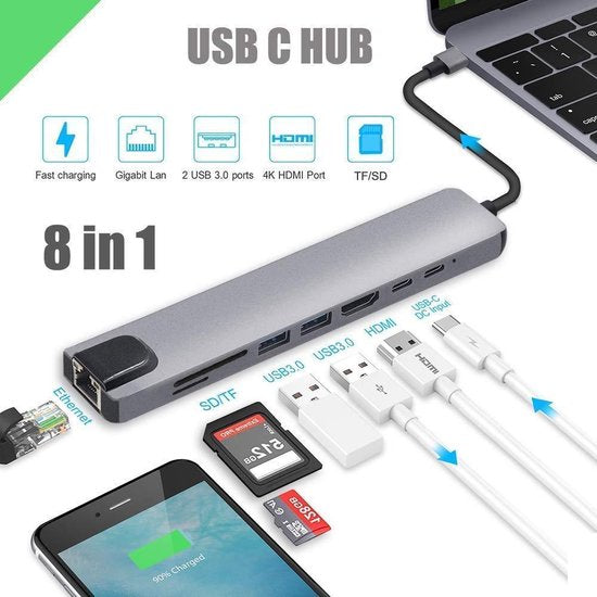 USB-C Hub – 8-in-1 CNC Aluminium Adapter – 4K HDMI, RJ45 Ethernet, USB 3.0, USB-C PD, SD/TF – Zilver-Ilumina Benelux