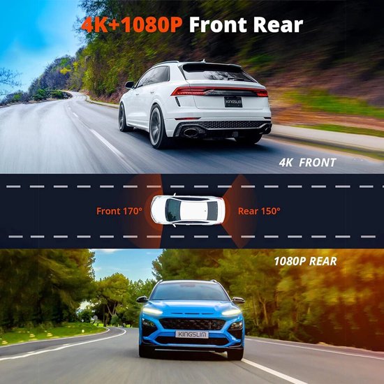 Dashcam auto – 4K Dual Voor & Achter – 64GB – GPS WiFi ADAS Nachtzicht Parkeerbewaking – 170° Groothoek – 3” Display – Zwart-Ilumina Benelux